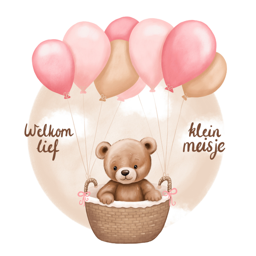 Felicitatiekaarten - Felicitatiekaart geboorte meisje schattige beer en ballonnen