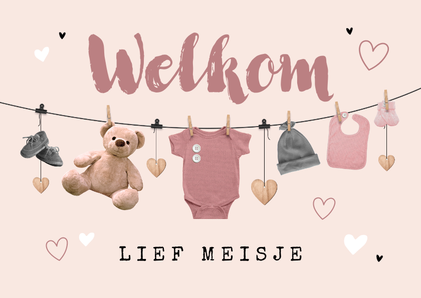 Felicitatiekaarten - Felicitatiekaart geboorte meisje waslijn kleertjes teddybeer