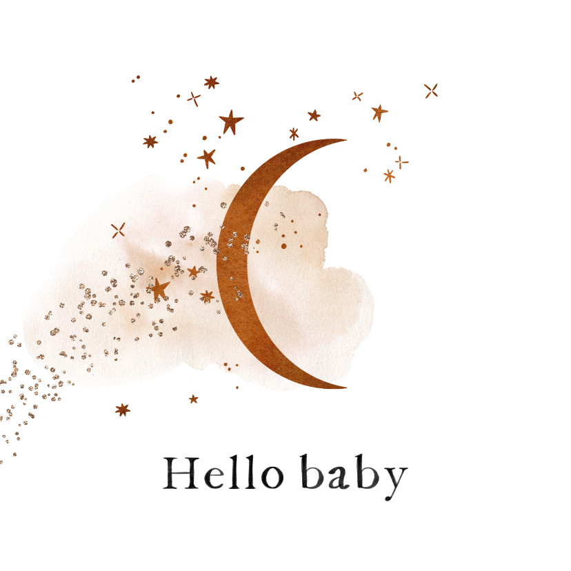 Felicitatiekaarten - Felicitatiekaart geboorte met maantje en sterretjes in koper