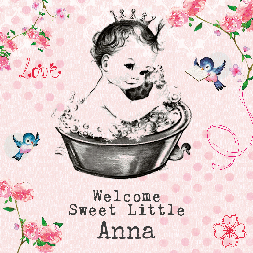 Felicitatiekaart geboorte met vintage baby in badje met naam - Felicitatiekaarten Felicitatiekaarten - Felicitatiekaart geboorte met vintage baby in badje met naam