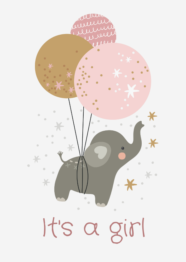 Felicitatiekaarten - Felicitatiekaart geboorte - olifant meisje ballonnen