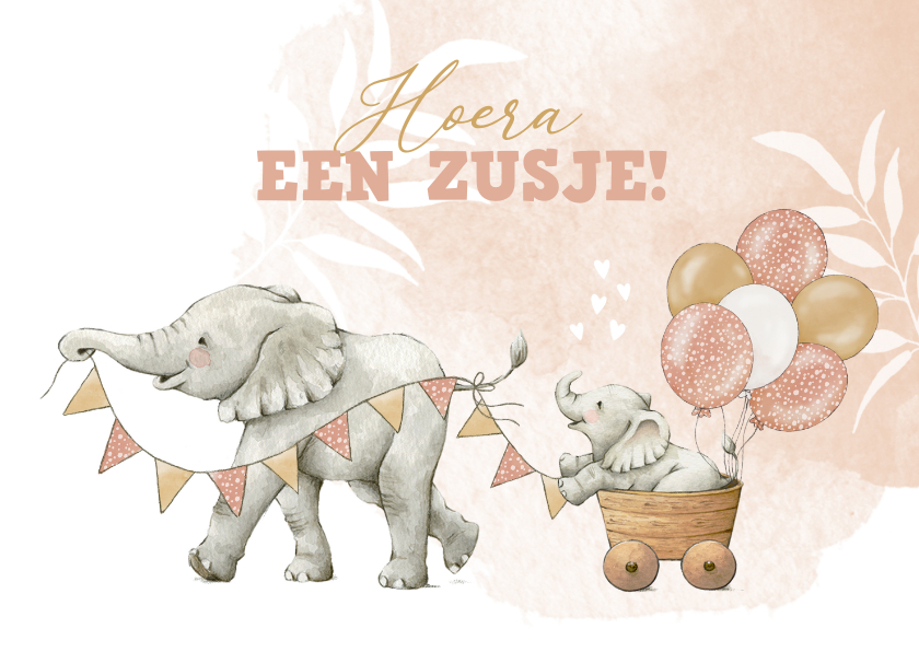 Felicitatiekaarten - Felicitatiekaart geboorte voor zusje met lieve olifantjes