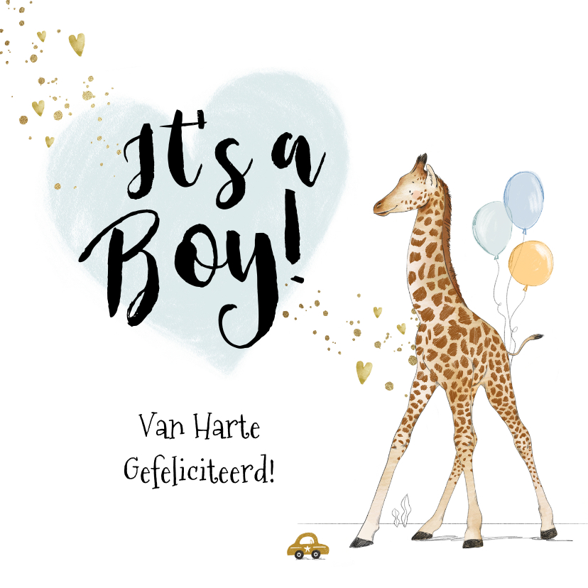 Felicitatiekaarten - Felicitatiekaart geboorte zoon giraf hartjes goud spetters