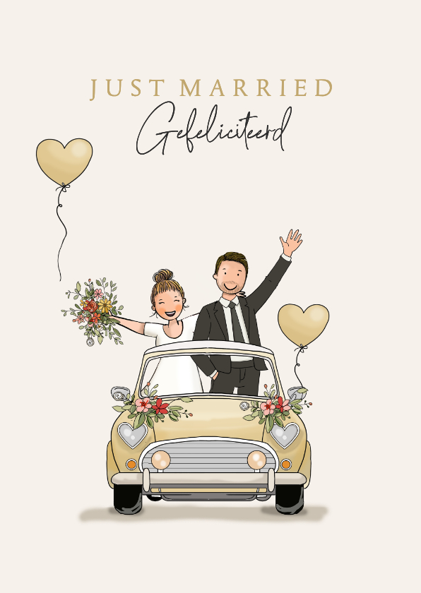Felicitatiekaarten - Felicitatiekaart getrouwd auto met bruidspaar