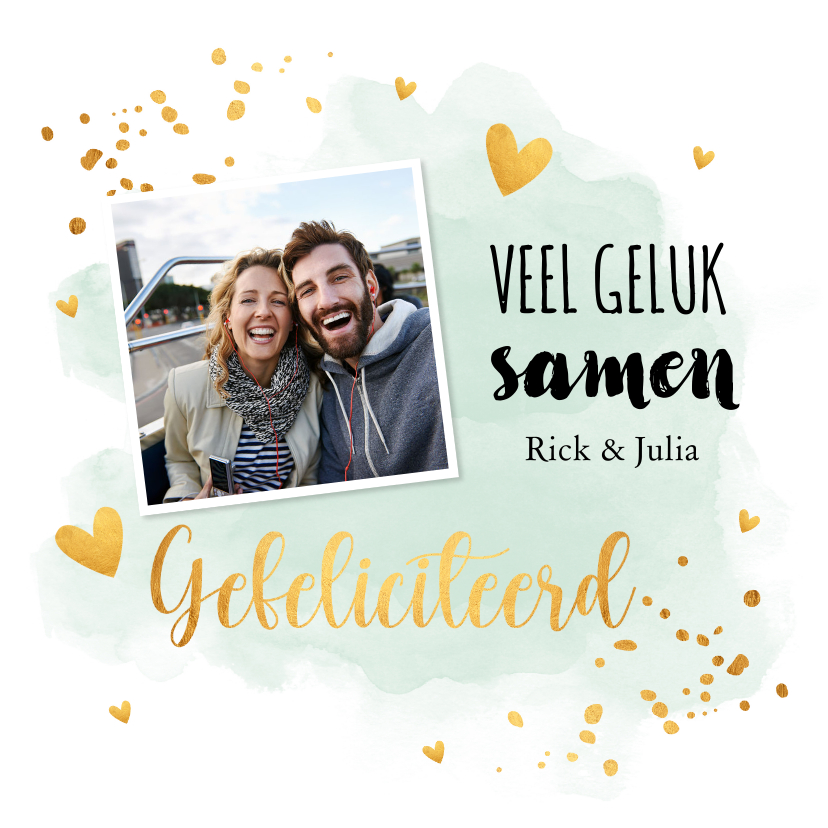 Felicitatiekaart getrouwd foto waterverf mintgroen goudlook - Felicitatiekaarten Felicitatiekaarten - Felicitatiekaart getrouwd foto waterverf mintgroen goudlook