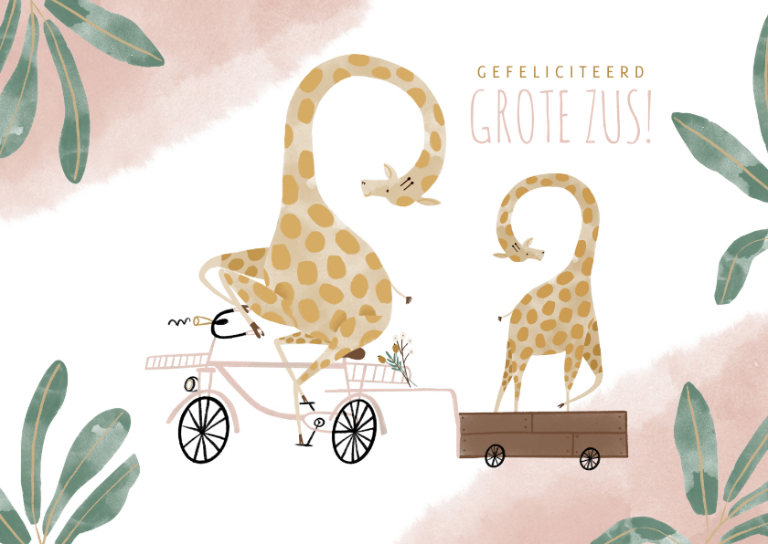Felicitatiekaarten - Felicitatiekaart grote zus met girafjes en roze bakfiets