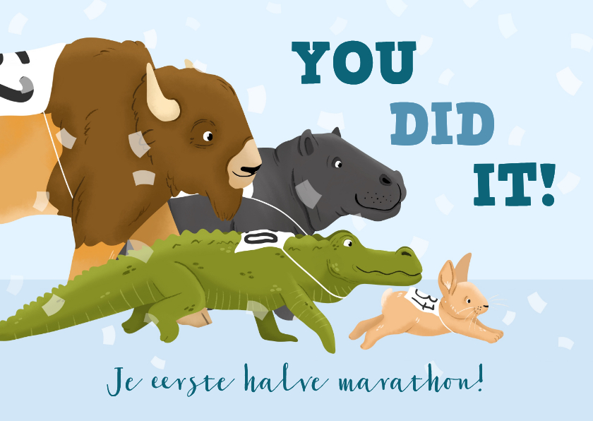 Felicitatiekaart halve marathon rennende dieren - Felicitatiekaarten Felicitatiekaarten - Felicitatiekaart halve marathon rennende dieren