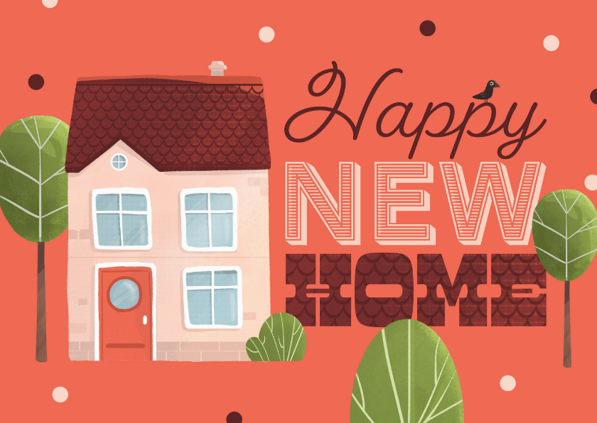Felicitatiekaart happy new home huis boom confetti - Felicitatiekaarten Felicitatiekaarten - Felicitatiekaart happy new home huis boom confetti