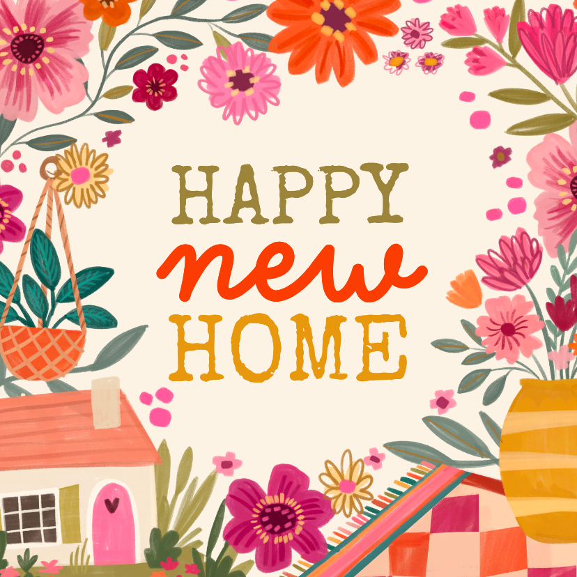 Felicitatiekaarten - Felicitatiekaart happy new home met kleed planten en huisje