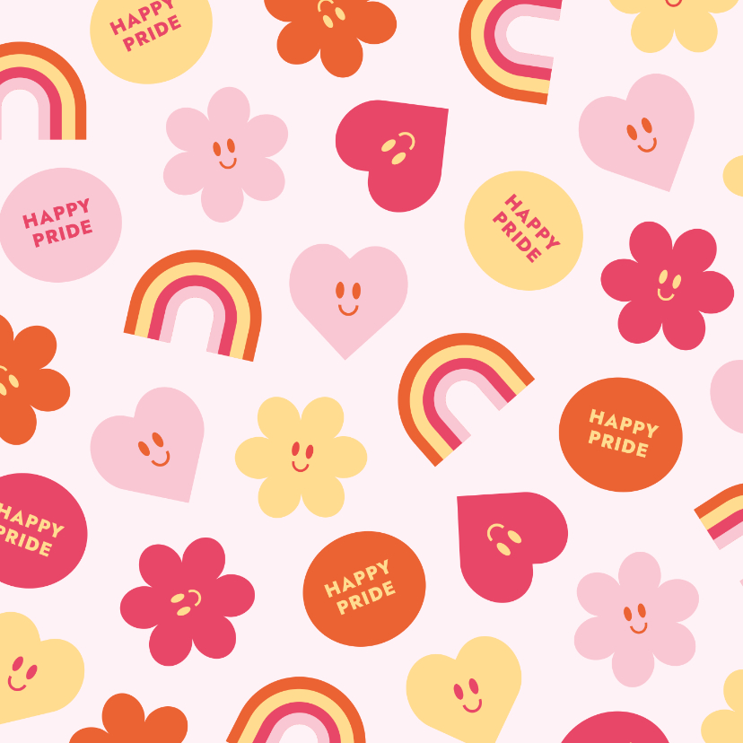 Felicitatiekaart happy pride met vrolijke bloemen en hartjes - Felicitatiekaarten Felicitatiekaarten - Felicitatiekaart happy pride met vrolijke bloemen en hartjes
