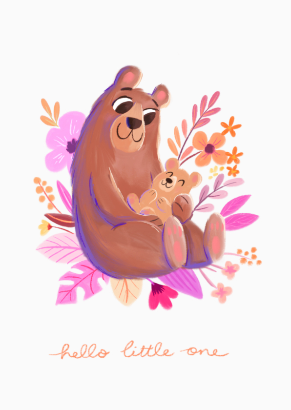 Felicitatiekaart hello little one beer met klein beertje - Felicitatiekaarten Felicitatiekaarten - Felicitatiekaart hello little one beer met klein beertje