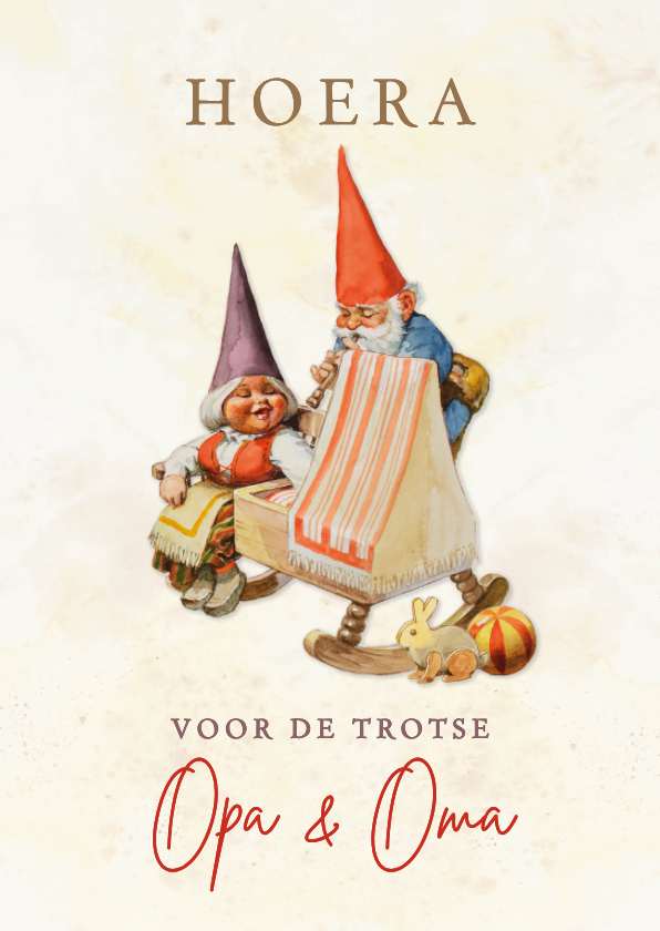 Felicitatiekaart hoera een kleinkind kabouters bij wieg - Felicitatiekaarten Felicitatiekaarten - Felicitatiekaart hoera een kleinkind kabouters bij wieg