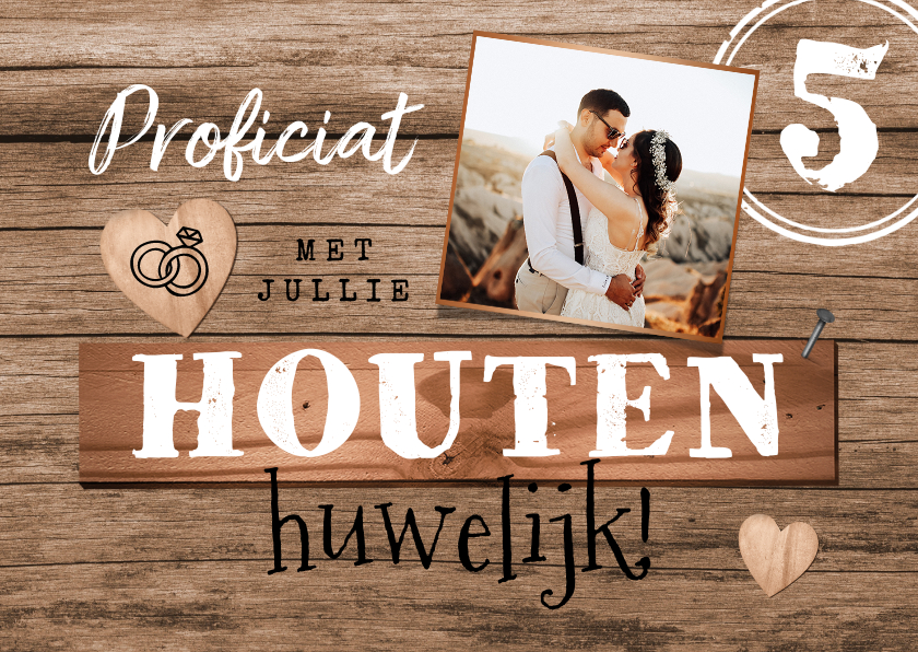 Felicitatiekaarten - Felicitatiekaart houten huwelijk hout 5 jaar hartjes