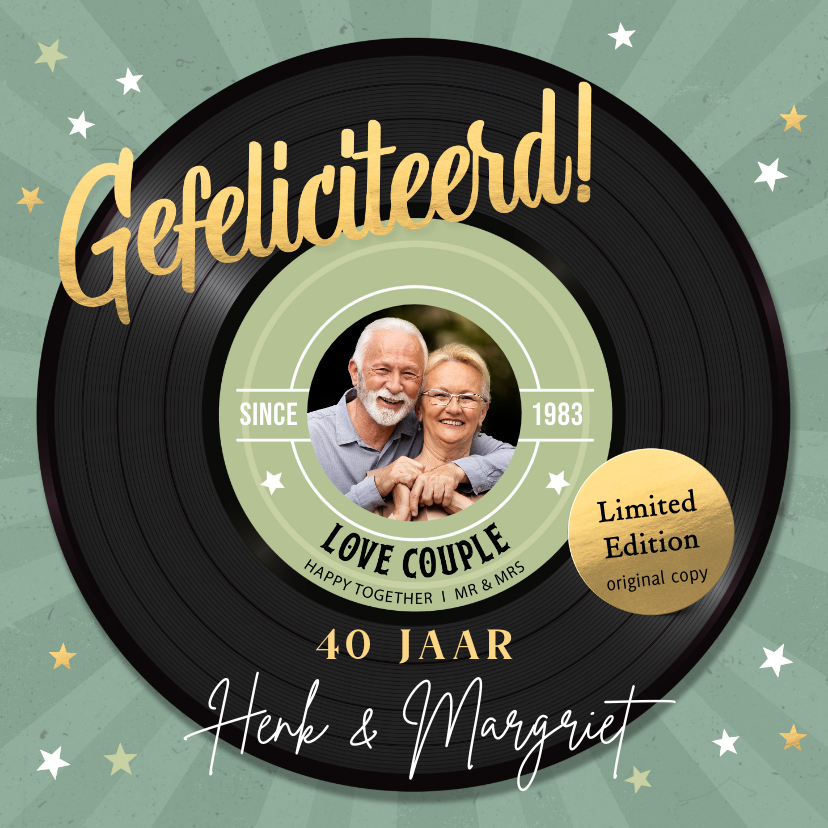 Felicitatiekaarten - Felicitatiekaart huwelijk jubileum vinyl LP