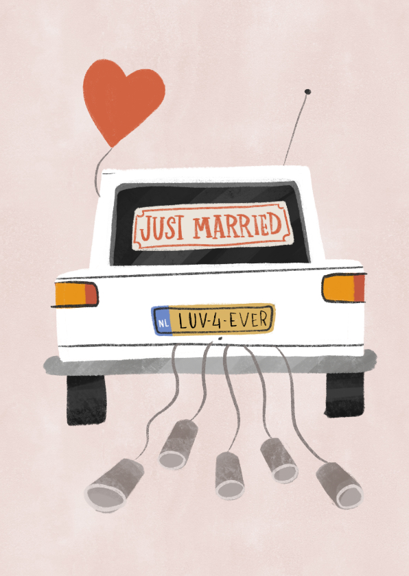 Felicitatiekaarten - Felicitatiekaart huwelijk just married auto