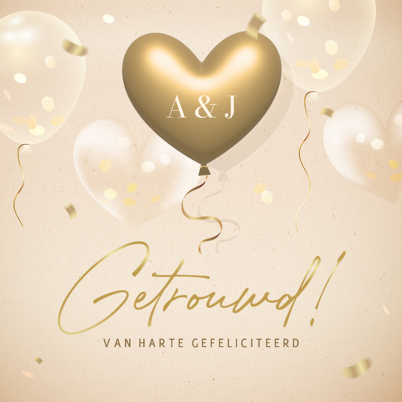 Felicitatiekaarten - Felicitatiekaart huwelijk met gouden 3d hartjes ballon