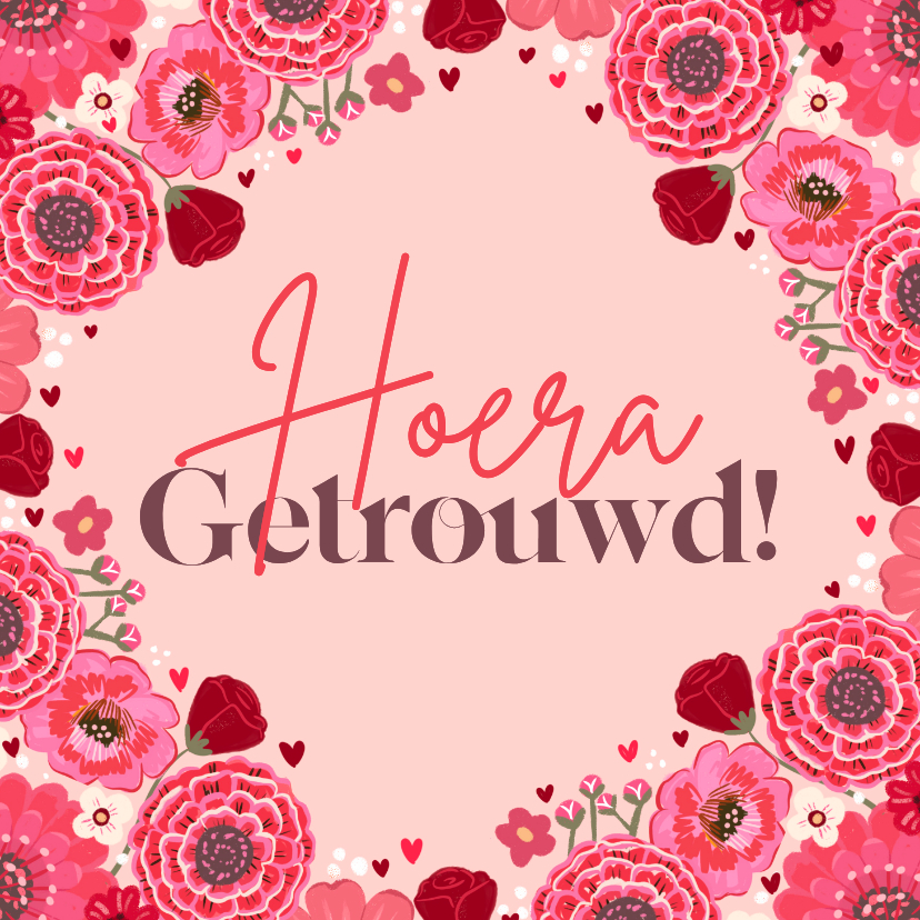 Felicitatiekaarten - Felicitatiekaart huwelijk met rode en roze bloemen