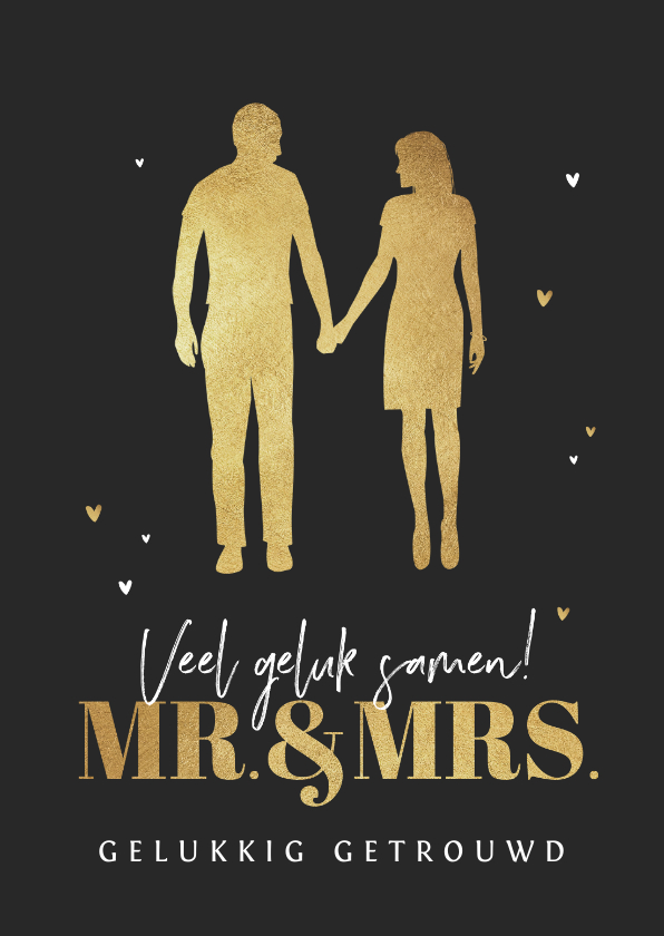 Felicitatiekaarten - Felicitatiekaart huwelijk mr and mrs silhouet goud hartjes