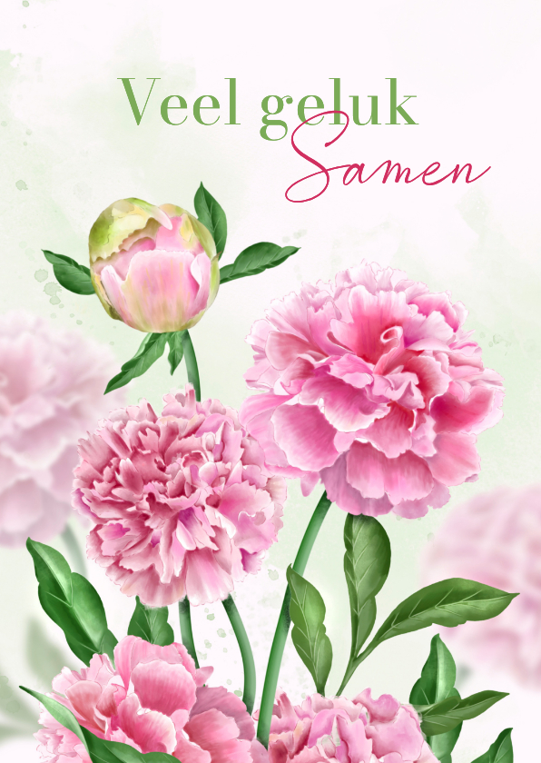 Felicitatiekaarten - Felicitatiekaart huwelijk roze pioenrozen