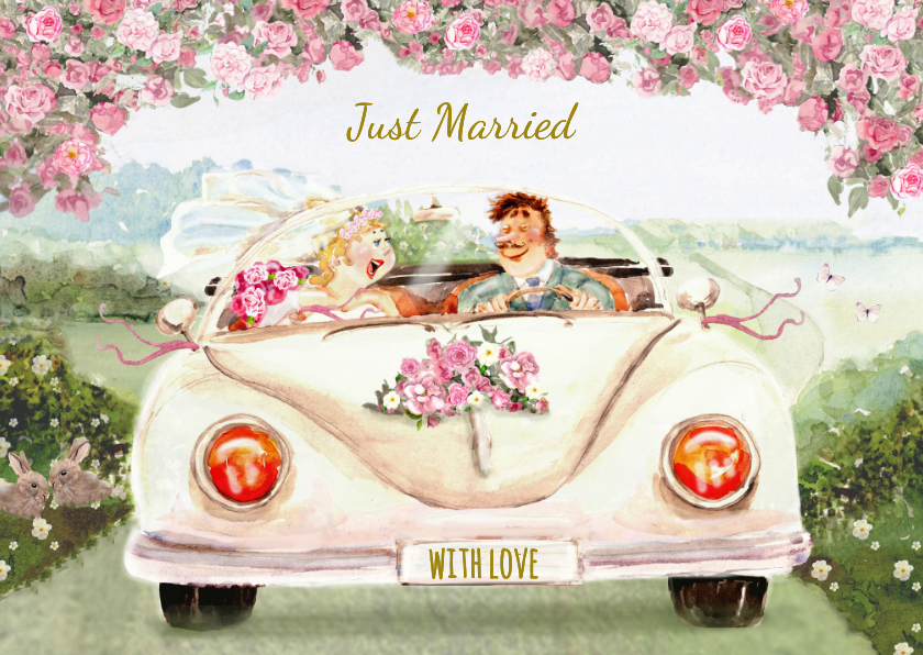Felicitatiekaarten - Felicitatiekaart huwelijk samen in de cabrio