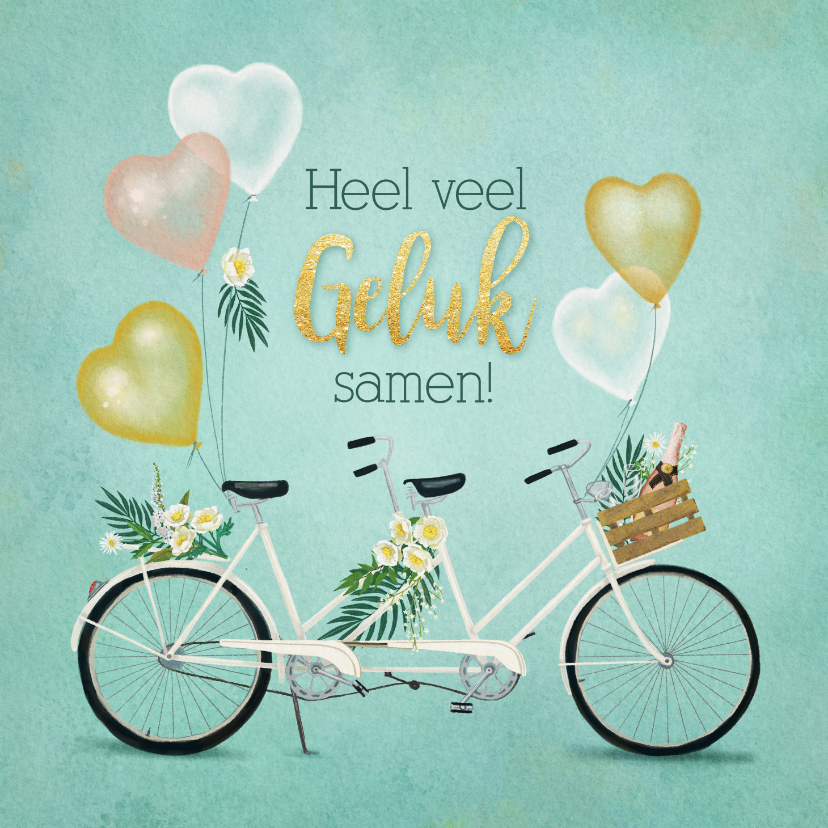 Felicitatiekaarten - Felicitatiekaart huwelijk tandem met bloemen en ballonnen