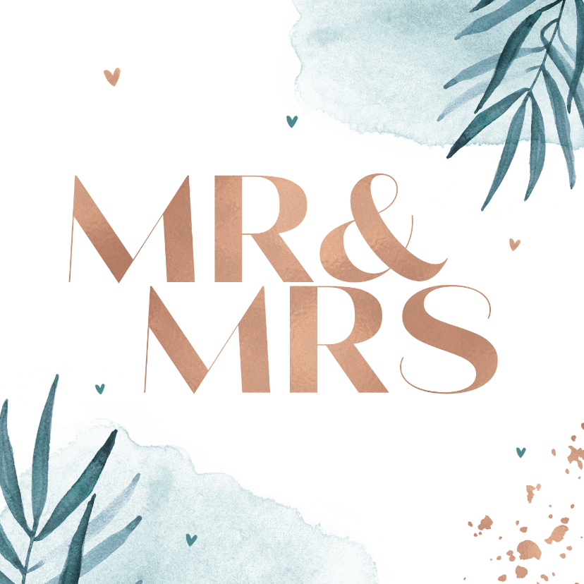 Felicitatiekaarten - Felicitatiekaart huwelijk trouwen Mr & Mrs goud waterverf