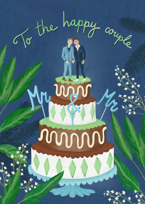 Felicitatiekaarten - Felicitatiekaart huwelijk twee mannen op bruidstaart 
