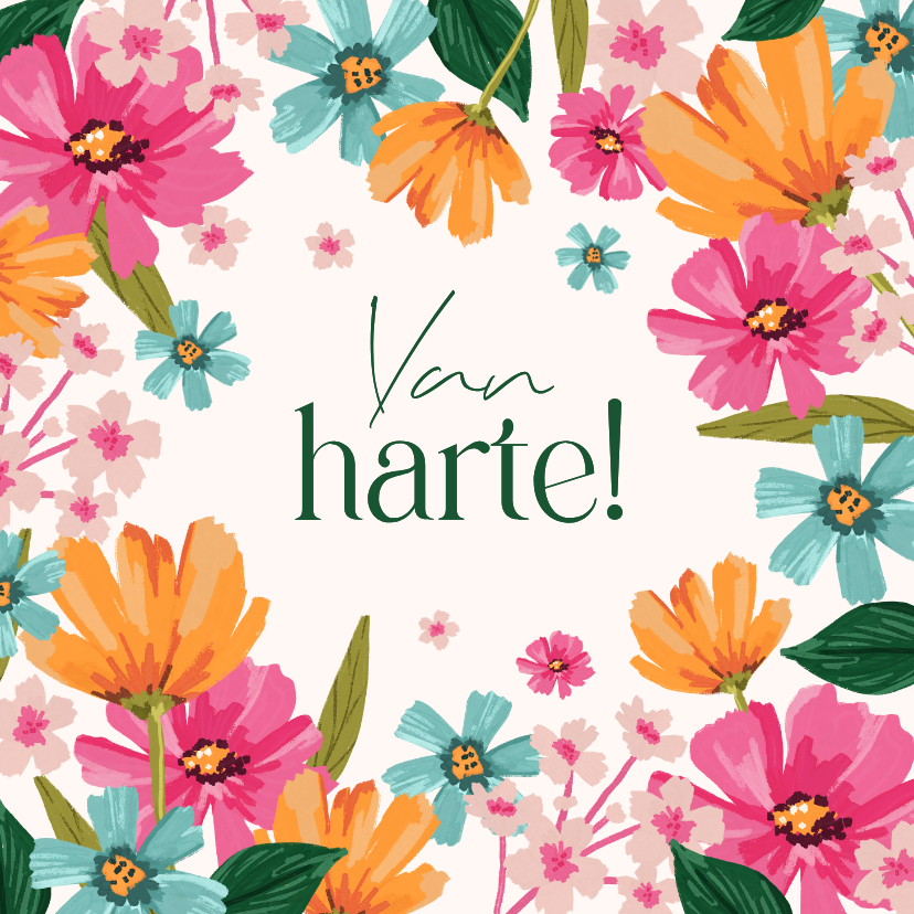 Felicitatiekaarten - Felicitatiekaart kleurrijke bloemen van harte algemeen
