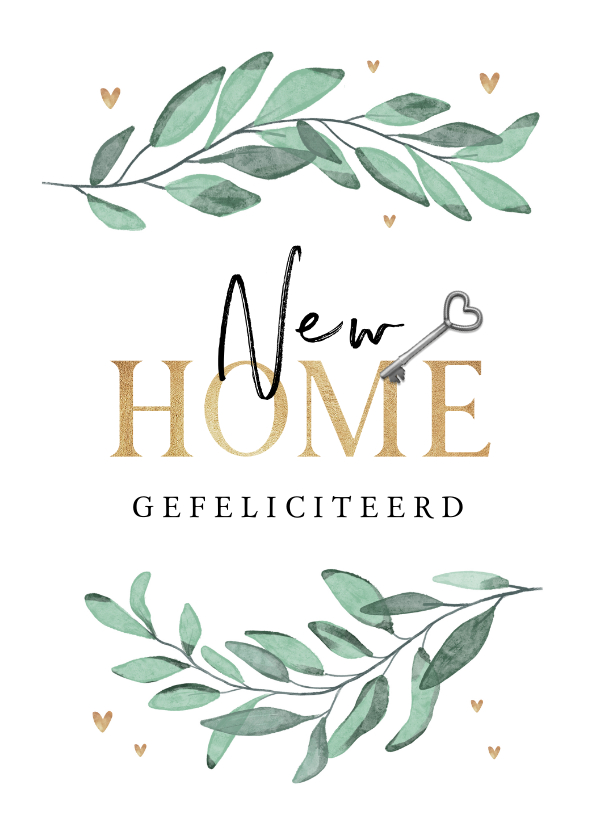 Felicitatiekaart met bladeren hartjes goud sleutel foto - Felicitatiekaarten Felicitatiekaarten - Felicitatiekaart met bladeren hartjes goud sleutel foto