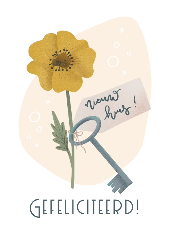Felicitatiekaarten - Felicitatiekaart met bloem en sleutel voor nieuw huis