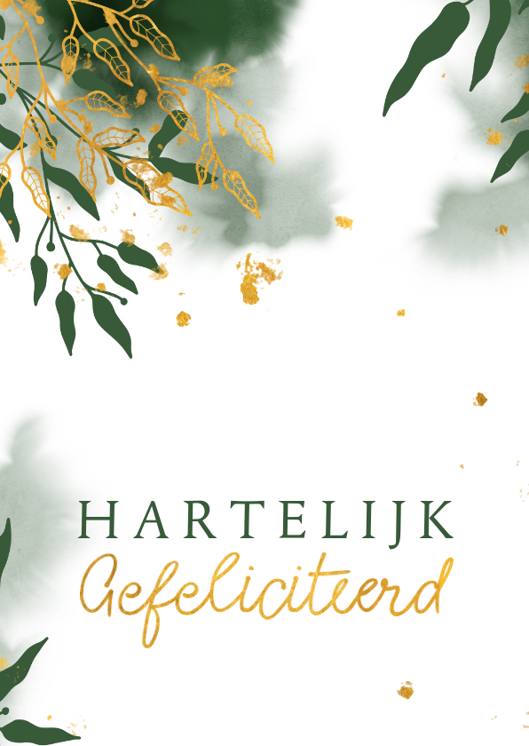 Felicitatiekaarten - Felicitatiekaart met groene waterverf en gouden bladeren