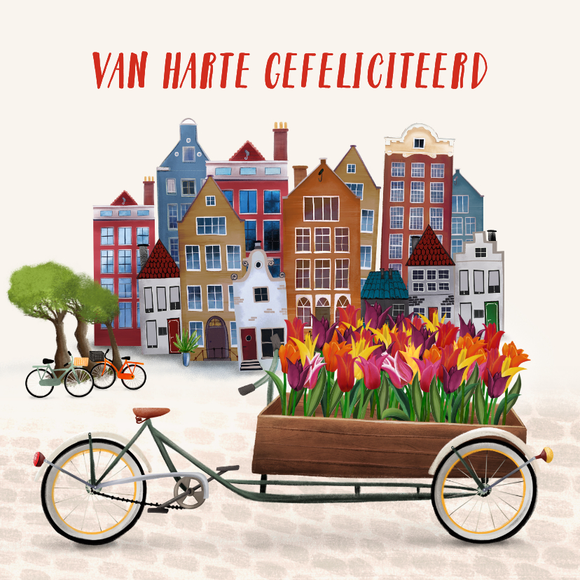 Felicitatiekaart met huisjes en bakfiets met bloemen - Felicitatiekaarten Felicitatiekaarten - Felicitatiekaart met huisjes en bakfiets met bloemen