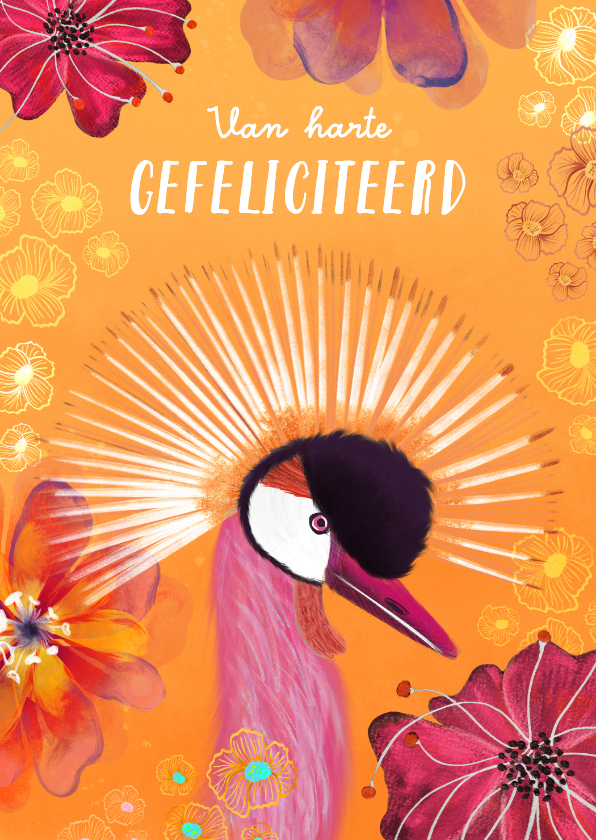 Felicitatiekaarten - Felicitatiekaart met kroonkraanvogel en bloemen