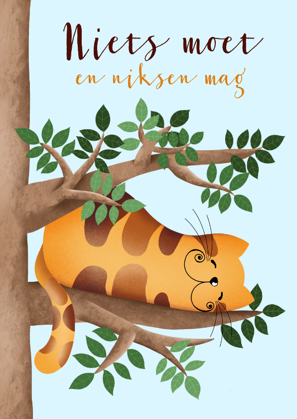 Felicitatiekaart met pensioen kat doet een dutje op tak - Felicitatiekaarten Felicitatiekaarten - Felicitatiekaart met pensioen kat doet een dutje op tak