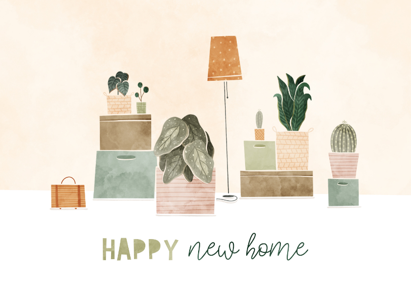 Felicitatiekaarten - Felicitatiekaart met plantjes en verhuisdozen happy new home