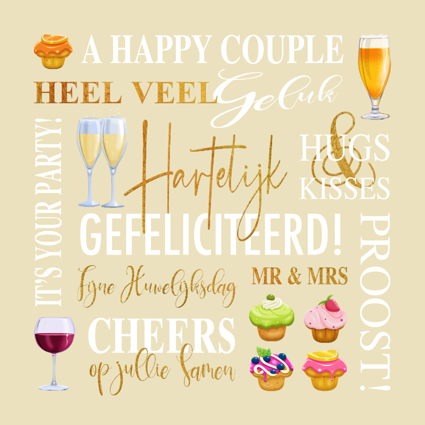 Felicitatiekaarten - Felicitatiekaart met teksten, drankjes en gebakjes huwelijk
