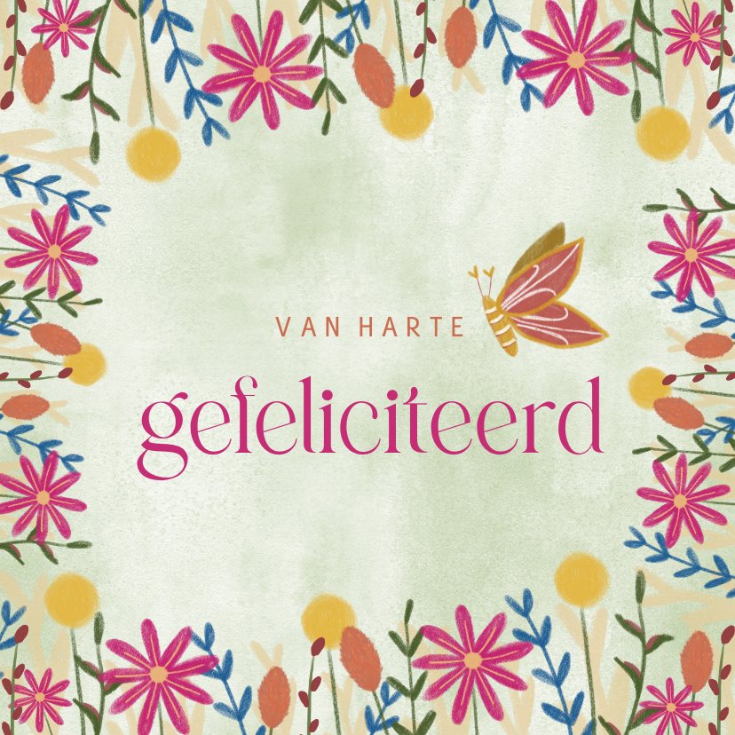 Felicitatiekaarten - Felicitatiekaart met wilde bloemen illustratie en vlinder
