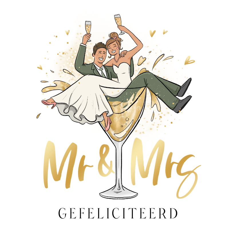 Felicitatiekaarten - Felicitatiekaart mr and mrs champagne grappig cartoon goud