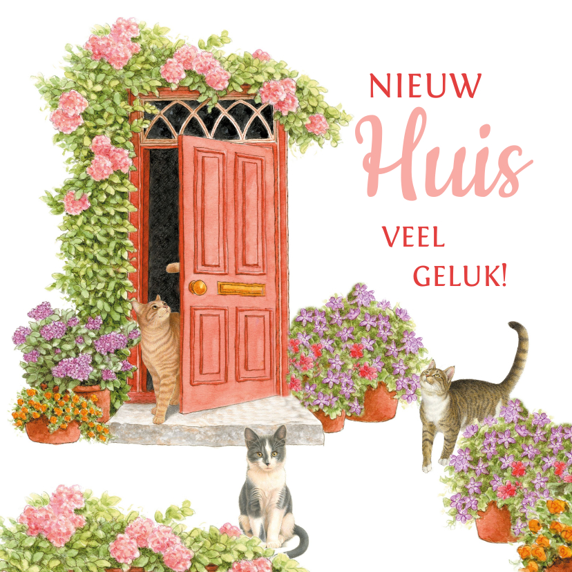 Felicitatiekaarten - Felicitatiekaart nieuw huis met mooi deur, bloemen en katten