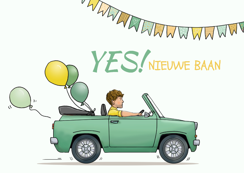 Felicitatiekaarten - Felicitatiekaart nieuwe baan auto groen ballonnen
