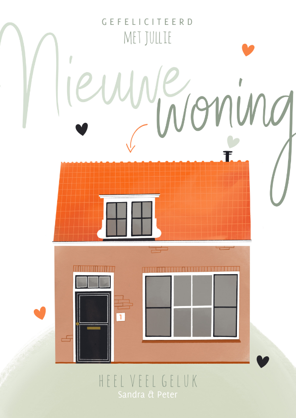 Felicitatiekaart nieuwe woning huis illustratie en hartjes - Felicitatiekaarten Felicitatiekaarten - Felicitatiekaart nieuwe woning huis illustratie en hartjes
