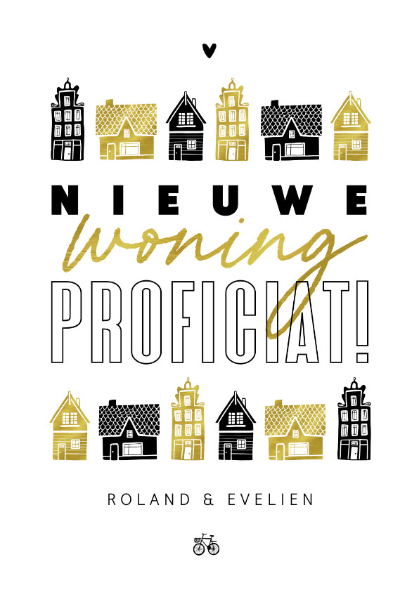 Felicitatiekaarten - Felicitatiekaart nieuwe woning huisjes hip goud typo