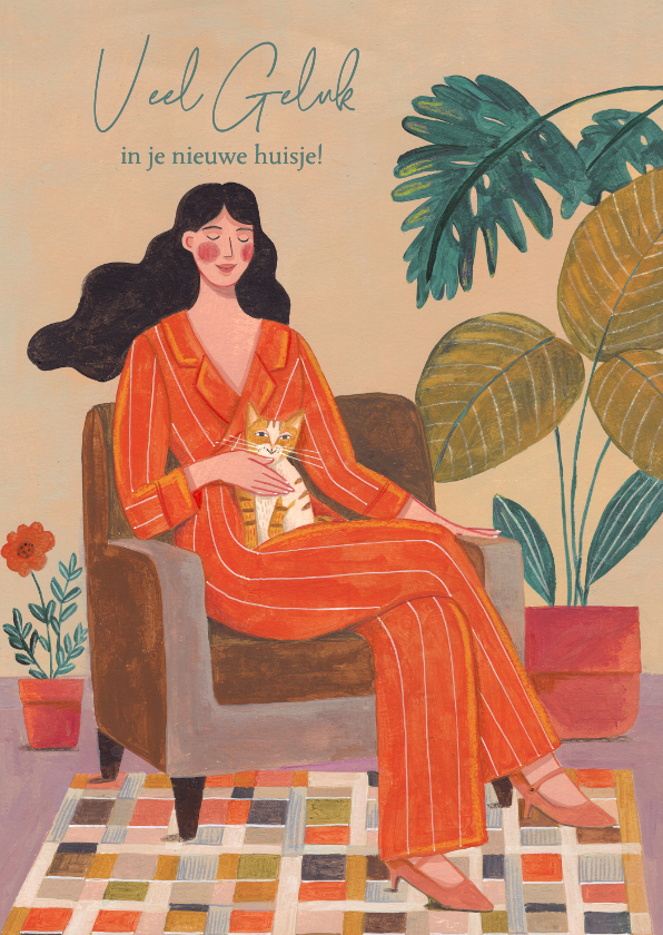 Felicitatiekaarten - Felicitatiekaart nieuwe woning kaart vrouw kat illustratie
