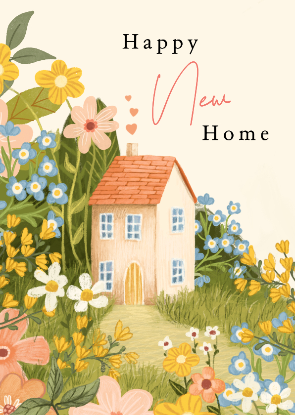 Felicitatiekaarten - Felicitatiekaart nieuwe woning met bloemen en hartjes