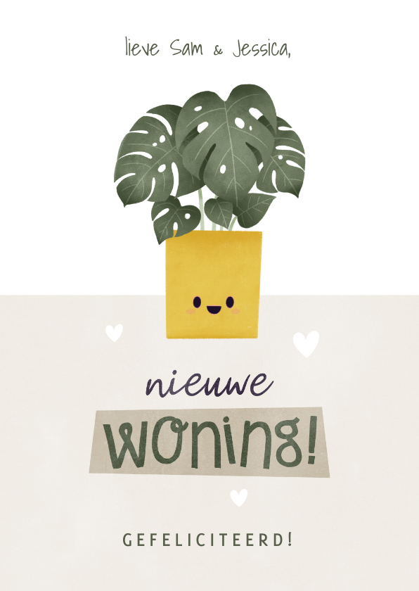 Felicitatiekaarten - Felicitatiekaart nieuwe woning met lief plantje en hartjes