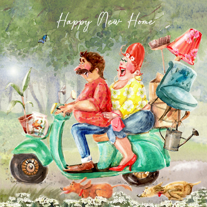 Felicitatiekaart Nieuwe Woning Op de scooter - Felicitatiekaarten Felicitatiekaarten - Felicitatiekaart Nieuwe Woning Op de scooter