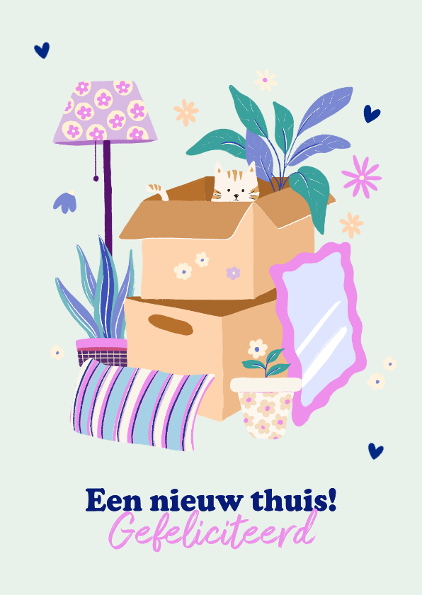 Felicitatiekaarten - Felicitatiekaart nieuwe woning verhuisspullen en lief katje