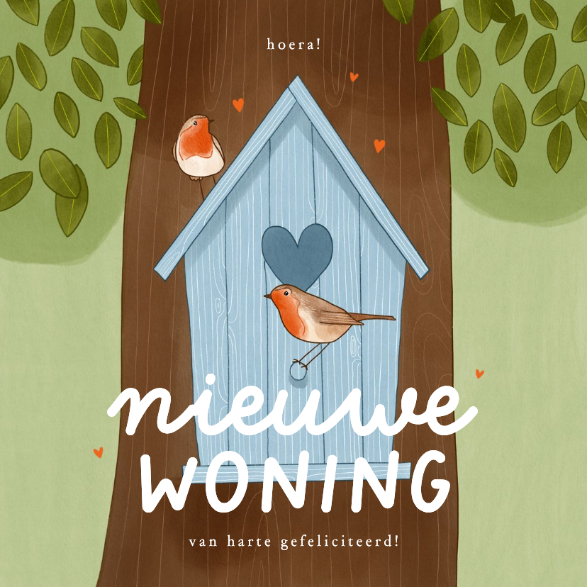 Felicitatiekaart nieuwe woning vogelhuisje roodborstjes boom - Felicitatiekaarten Felicitatiekaarten - Felicitatiekaart nieuwe woning vogelhuisje roodborstjes boom