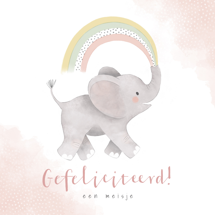 Felicitatiekaarten - Felicitatiekaart olifantje en regenboog geboorte dochter