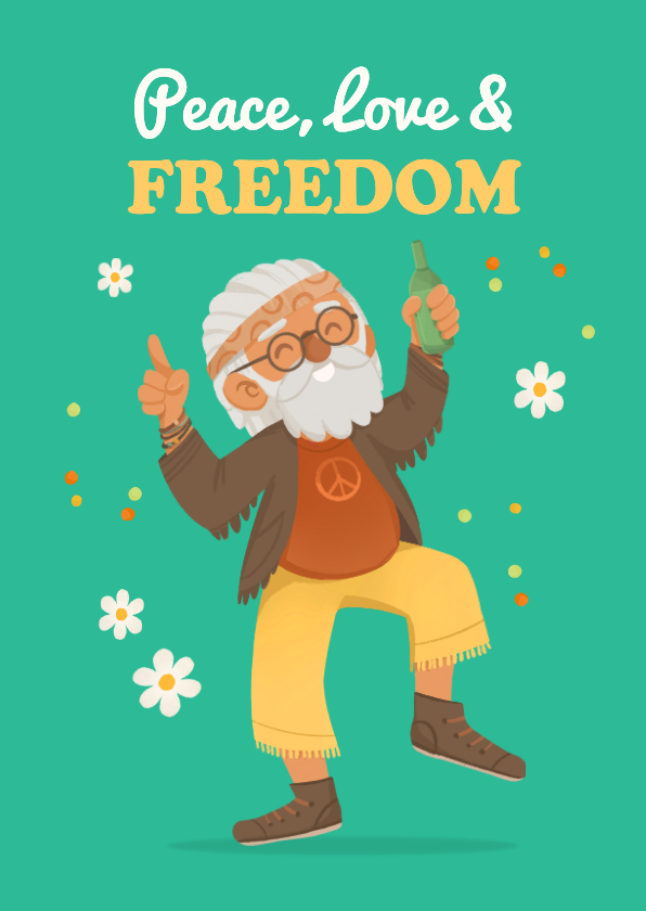 Felicitatiekaart pensioen grappig hippie cartoon peace - Felicitatiekaarten Felicitatiekaarten - Felicitatiekaart pensioen grappig hippie cartoon peace